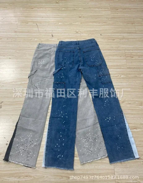 Pantalons de travail en jean pour hommes, vêtements de travail européens et américains, pantalons évasés en denim patchwork élastique superposé, tailles S à XXL