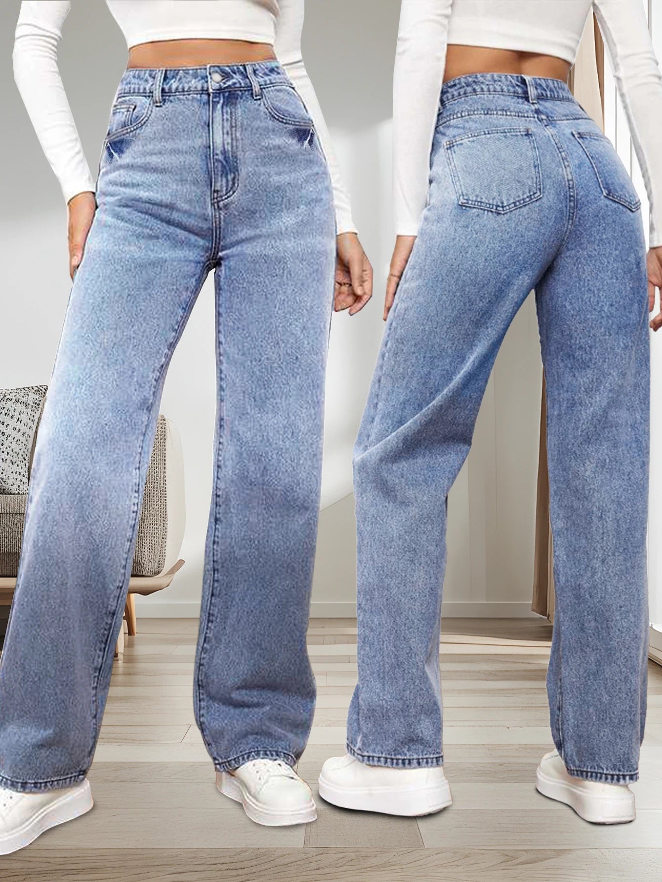Women's classic washed jeans, slightly elastic, loose straight-leg wide-leg jeans, casual and versatile jeans for going out