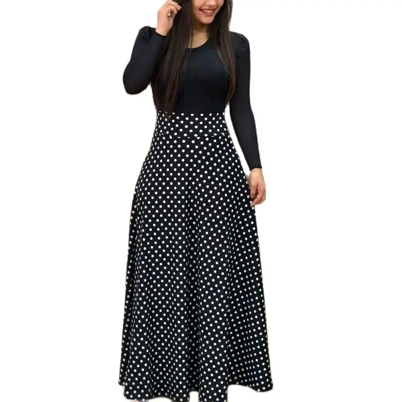 Elegant Women's Long Dress Flower Retro Printed Patchwork Long Sleeve Banquet Maxi Robe S-5XL