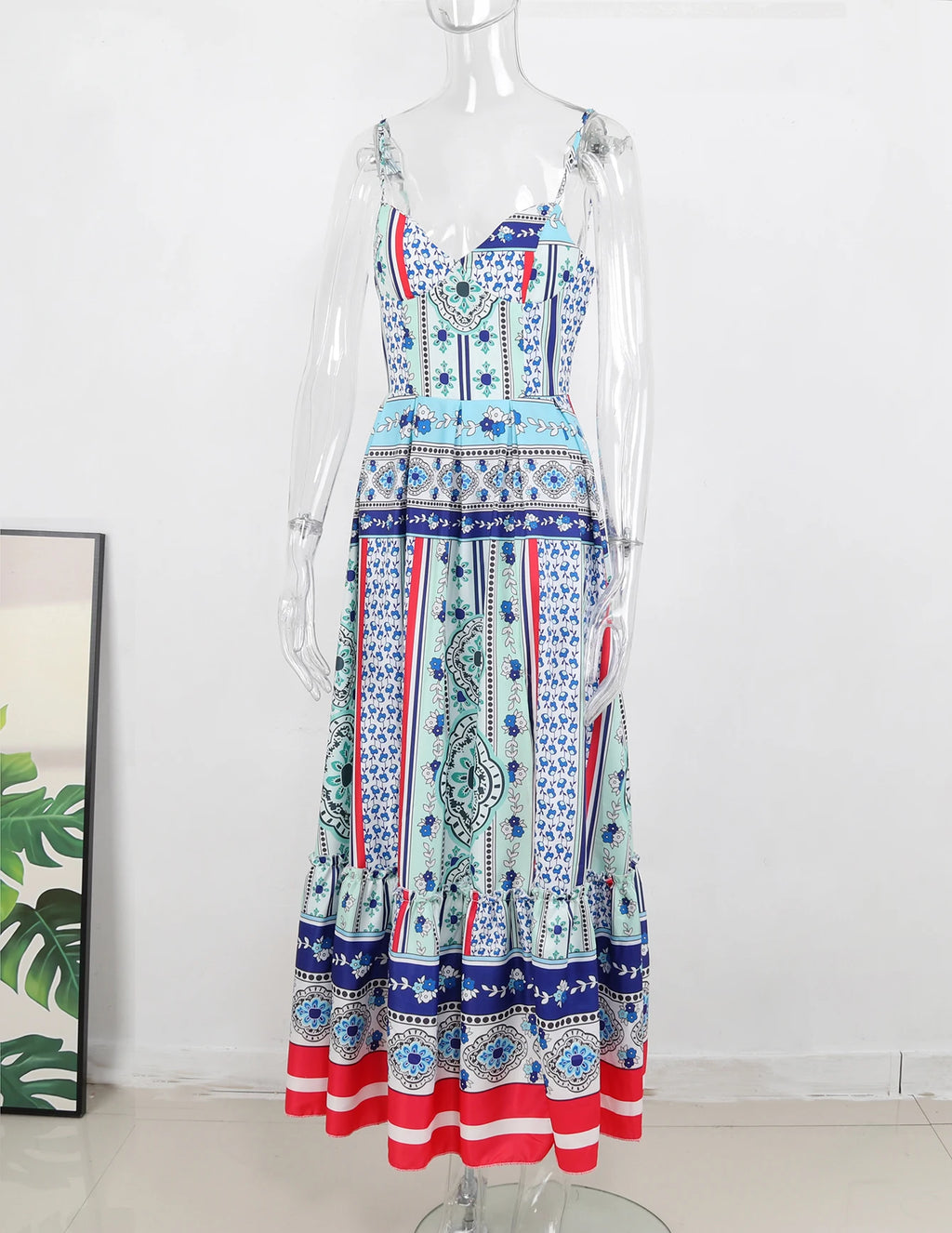 2024 Summer Print Long Dress Women Clothing Lace Up Sling Party Dresses Pattern Strappy Ladies Hollow Out V-Neck Beach Vestidos