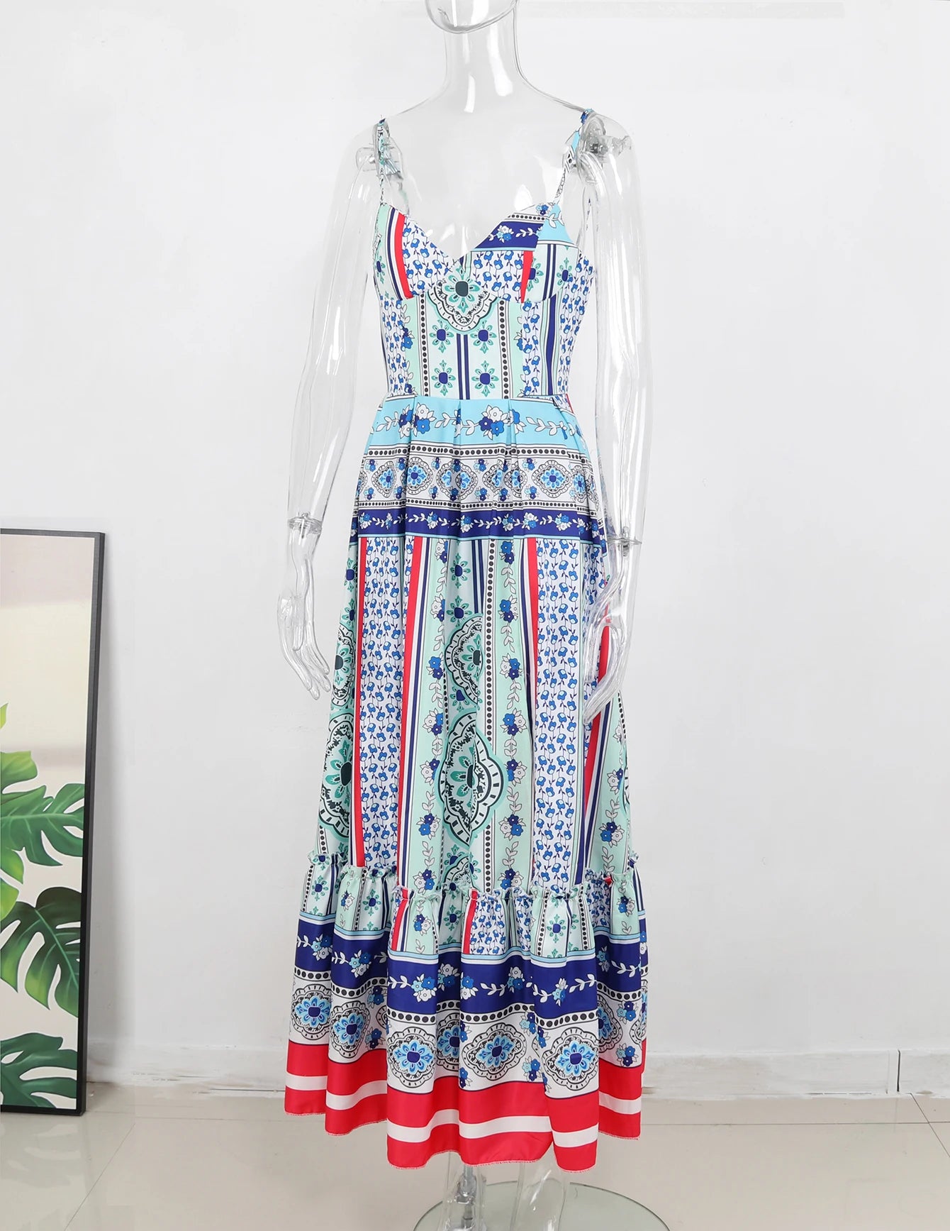 2024 Summer Print Long Dress Women Clothing Lace Up Sling Party Dresses Pattern Strappy Ladies Hollow Out V-Neck Beach Vestidos