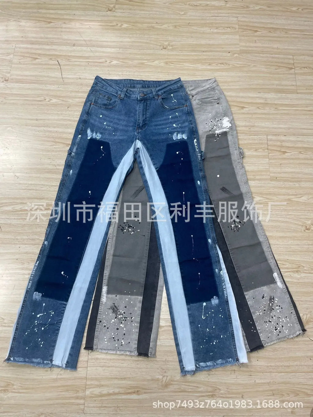 Pantalons de travail en jean pour hommes, vêtements de travail européens et américains, pantalons évasés en denim patchwork élastique superposé, tailles S à XXL
