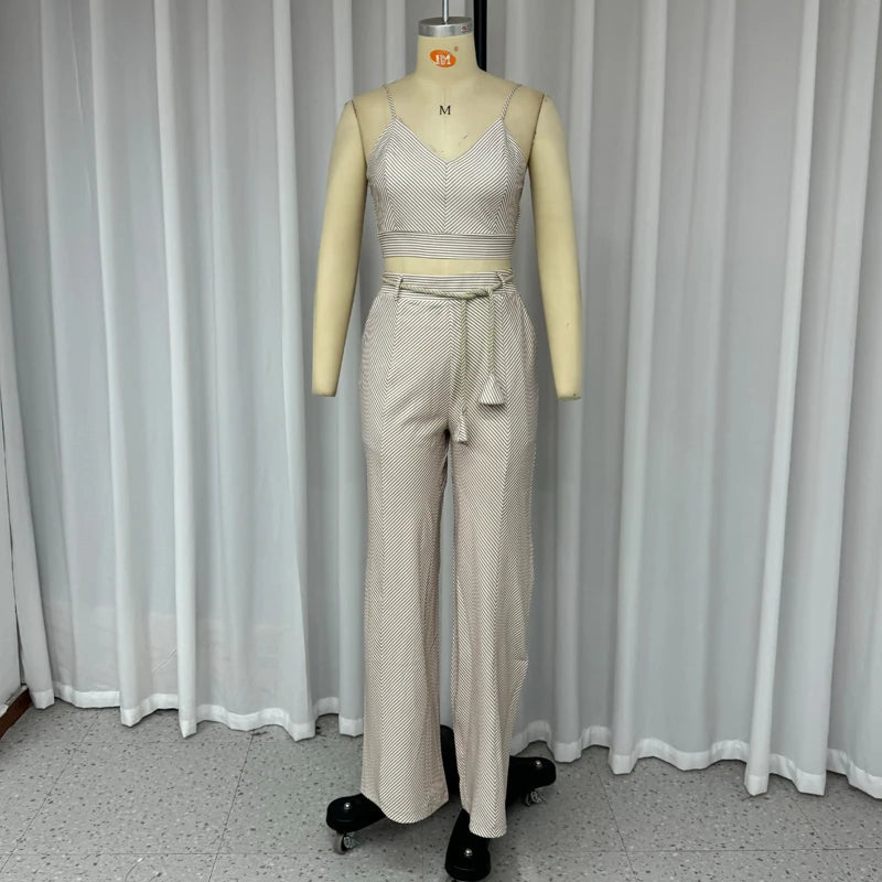 Wefads Two Piece Set Women 2024 New Summer Casual Striped Print Suspender V Neck Sleeveless Top With Belt Straight Pants Sets
