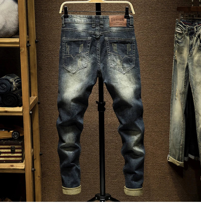 Jeans Mens Denim Pants Slim Fit Retro Stretch 2024 Spring and Autumn Trousers for Man Streetwear Moto Biker Jeans High Quality