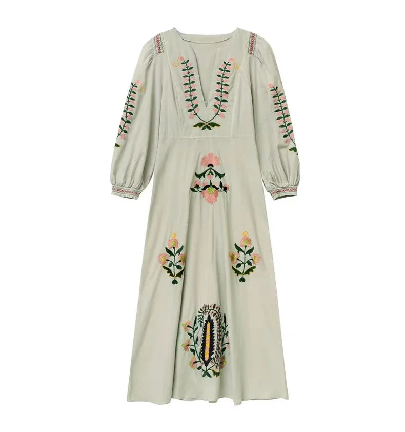 RARF 2024 New positioning heavy industry embroidery craft V-neck long dress Bohemian holiday style