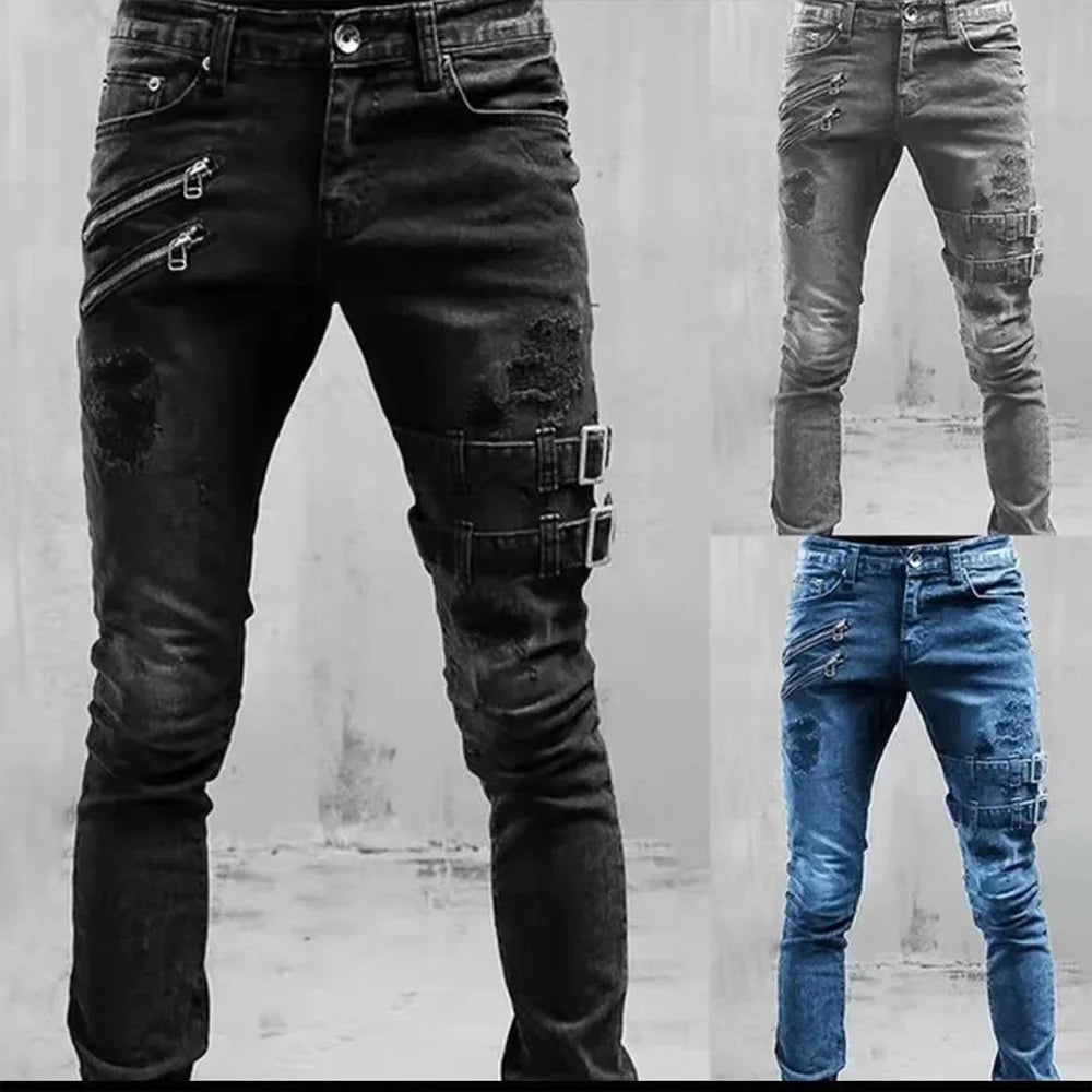 Men New Slim Jeans Male Pants Spring Autumn Elastic Feet Jean Streetwear Mens Skinny Zips Biker Cacual Long Denim Trousers
