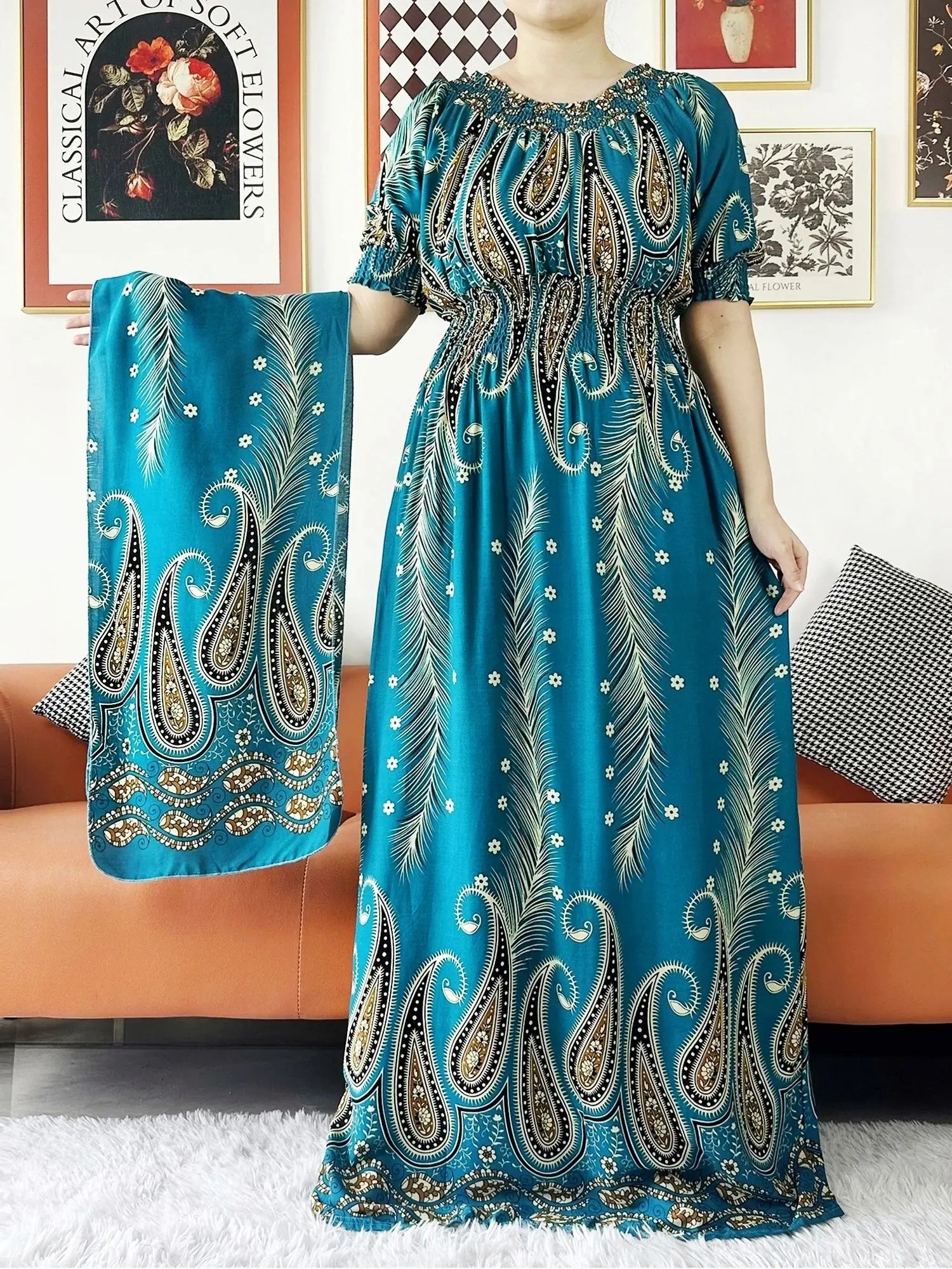 Women Party Dress Muslim Summer Short Sleeve Long Dress Collect Waist Floral Boubou Maxi Islam Women Dress African Abaya Clothes