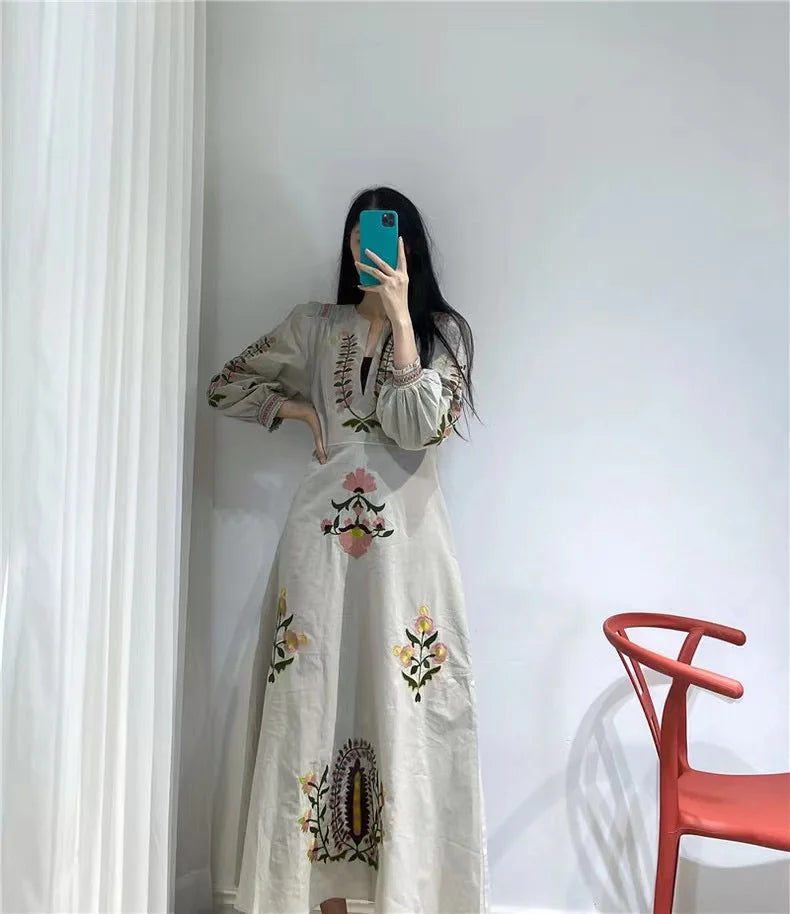 RARF 2024 New positioning heavy industry embroidery craft V-neck long dress Bohemian holiday style