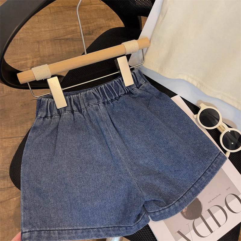 Children's Clothing Sets Lapel Sleeveless Top + Flip Cherry Embroidered Denim Shorts 2pcs Girls Clothes Set 2 To 7 Years