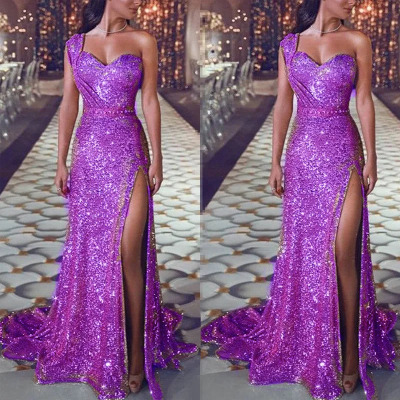 Explosive European and American women's sexy one-shoulder sleeveless gold hot dress slit long dress