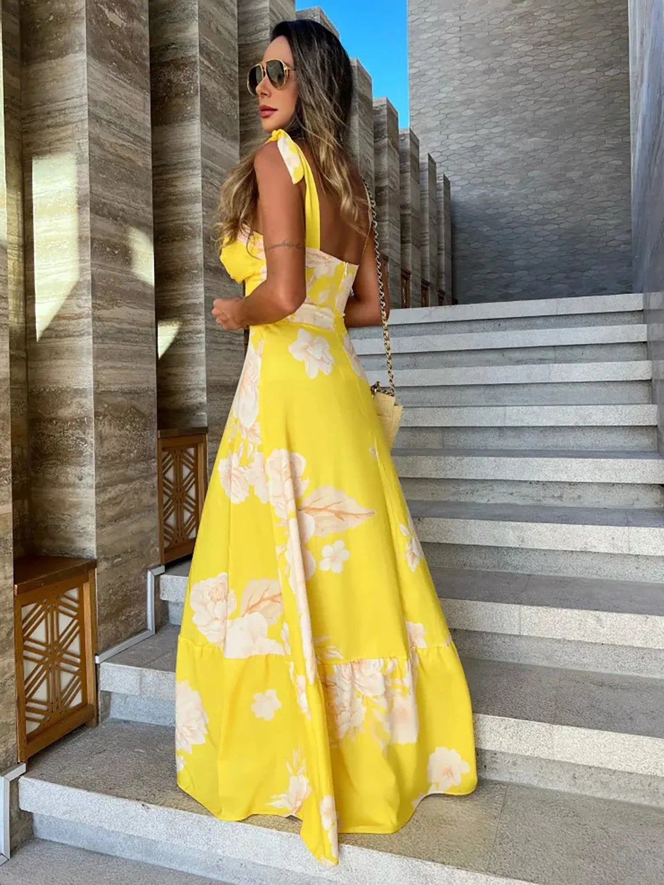 2024 Summer Print Long Dress Women Clothing Lace Up Sling Party Dresses Pattern Strappy Ladies Hollow Out V-Neck Beach Vestidos