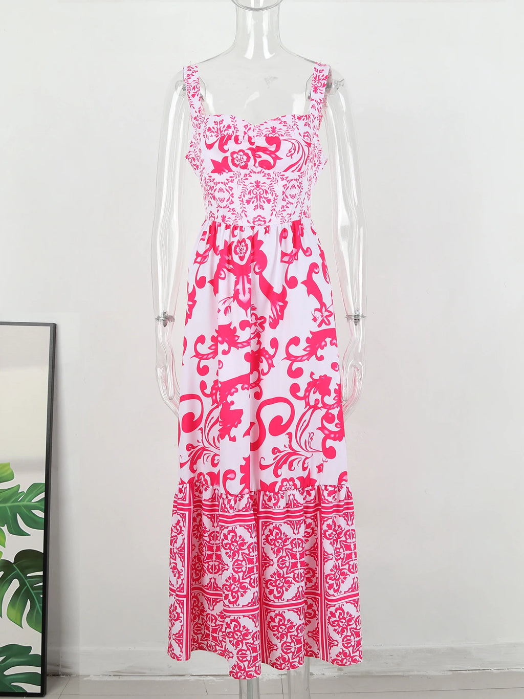 2024 Summer Print Long Dress Women Clothing Lace Up Sling Party Dresses Pattern Strappy Ladies Hollow Out V-Neck Beach Vestidos