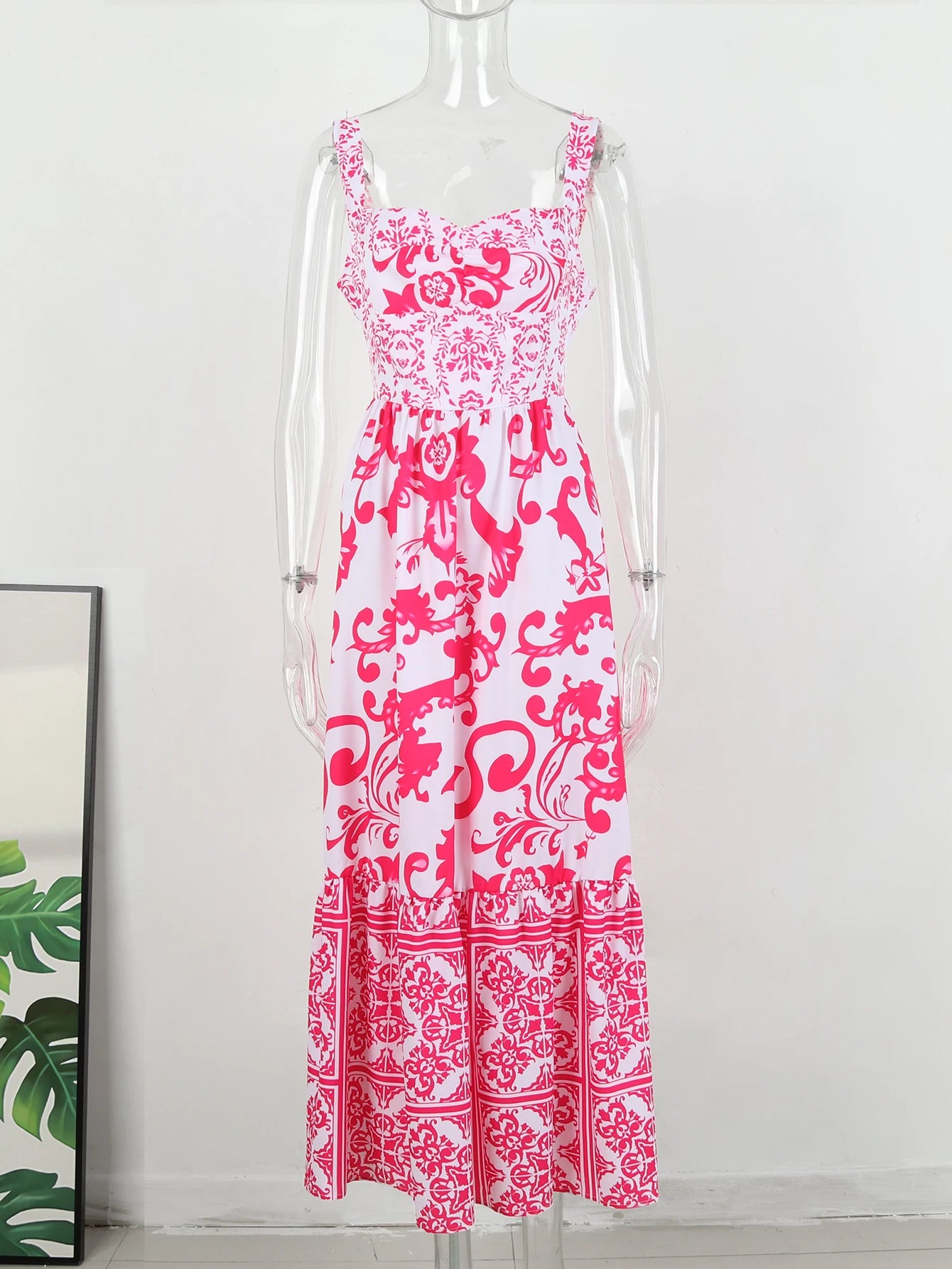 2024 Summer Print Long Dress Women Clothing Lace Up Sling Party Dresses Pattern Strappy Ladies Hollow Out V-Neck Beach Vestidos