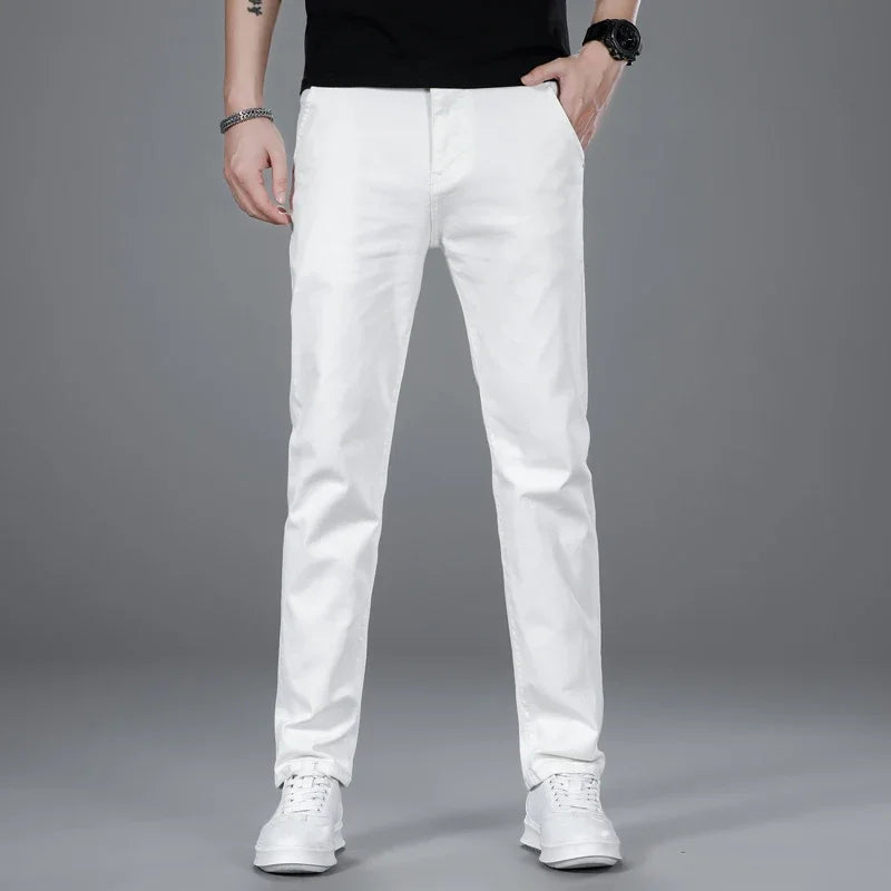 New Men's Fashion Classic Style Versatile Slim Jeans White Stretch Straight Soft Casual Denim Trousers Brand Clothing Male