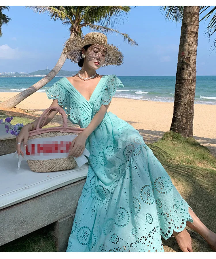 SMTHMA High Quality Hollow Out Embroidery Long Dress Women Sexy Deep V-Neck Ruffle Elegant Summer Dresses Female Clothing