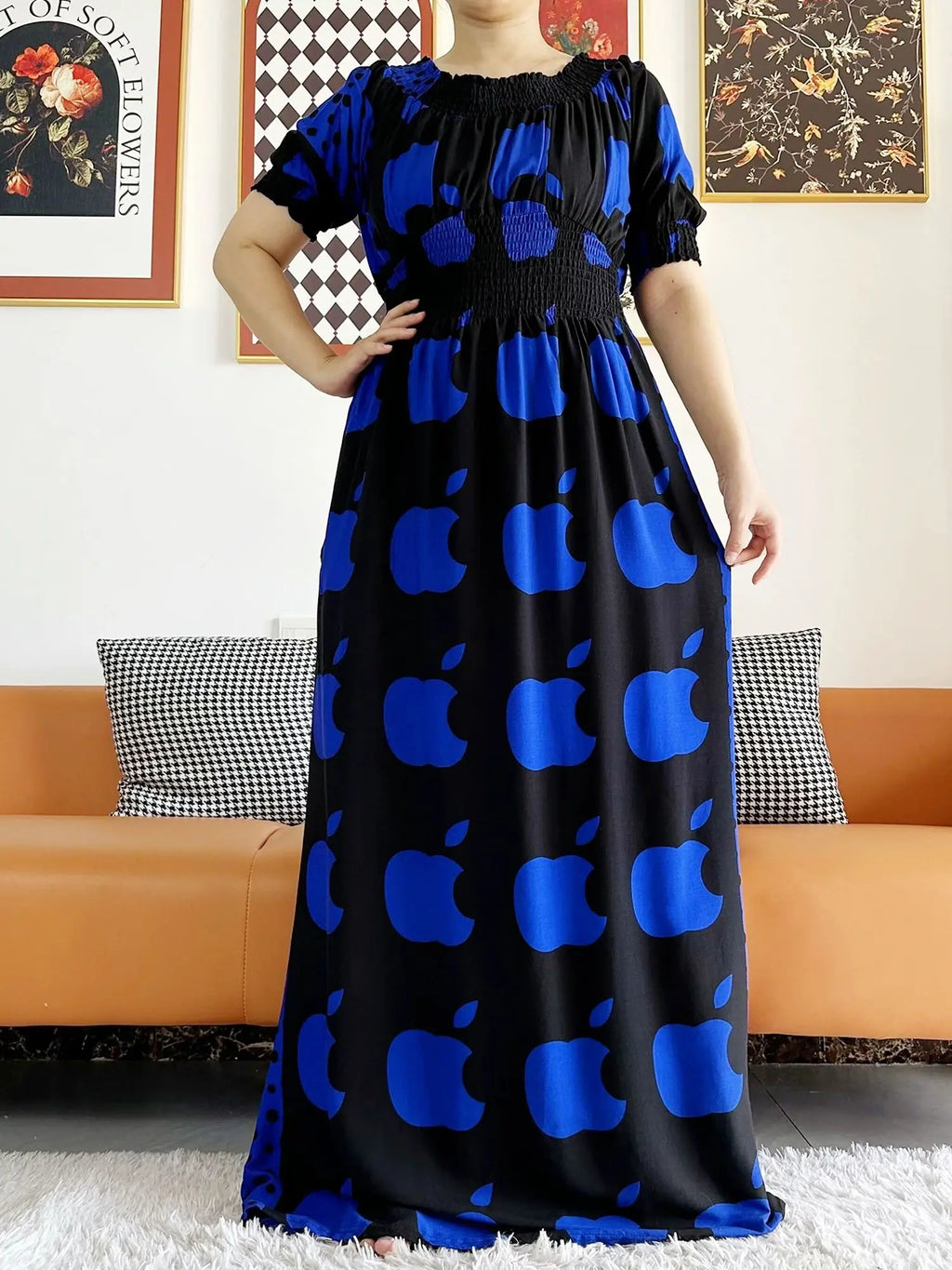 Women Party Dress Muslim Summer Short Sleeve Long Dress Collect Waist Floral Boubou Maxi Islam Women Dress African Abaya Clothes