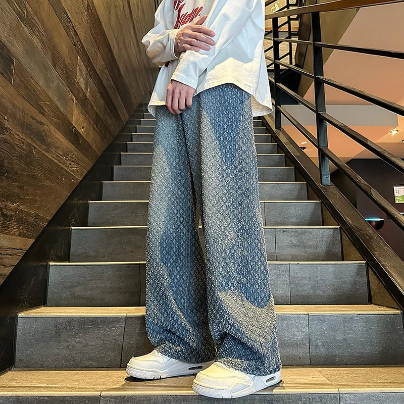 2024 Jeans men Fashion hombre Jacquard Pattern Denim Pants Male Straight Fitting Baggy Bottoms Distressed Wide Jeans For Men