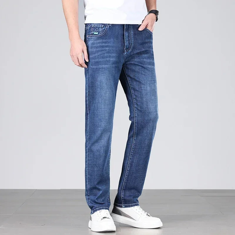 Men's Ultra-thin Stretch Casual Jeans New for Summer Business Fashion Straight Baggy Denim Trousers Blue Classic Style Male