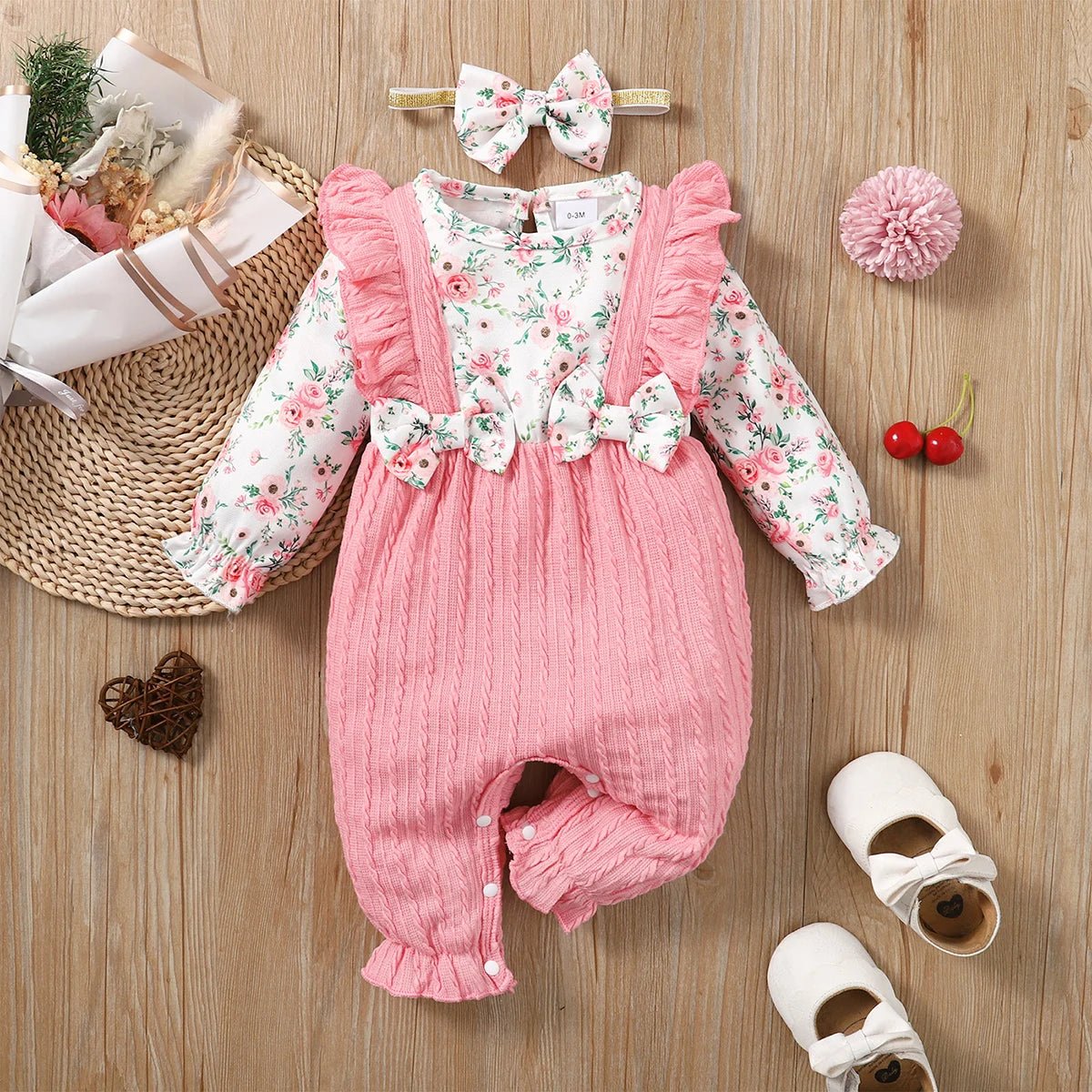 0-18 Ay Yenidoğan Bebek Kız Tulum Sevimli Çiçekli Uzun Kollu Fiyonklu Bodysuit+Kafa Bandı Bebek Kız İlkbahar&amp;Sonbahar Tulum