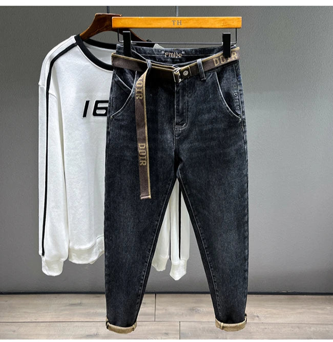 Tapered Jeans for Men's Clothing Autumn New Fashion Embroidered Korean Harem Pants Casual Stretch Black Denim Trousers