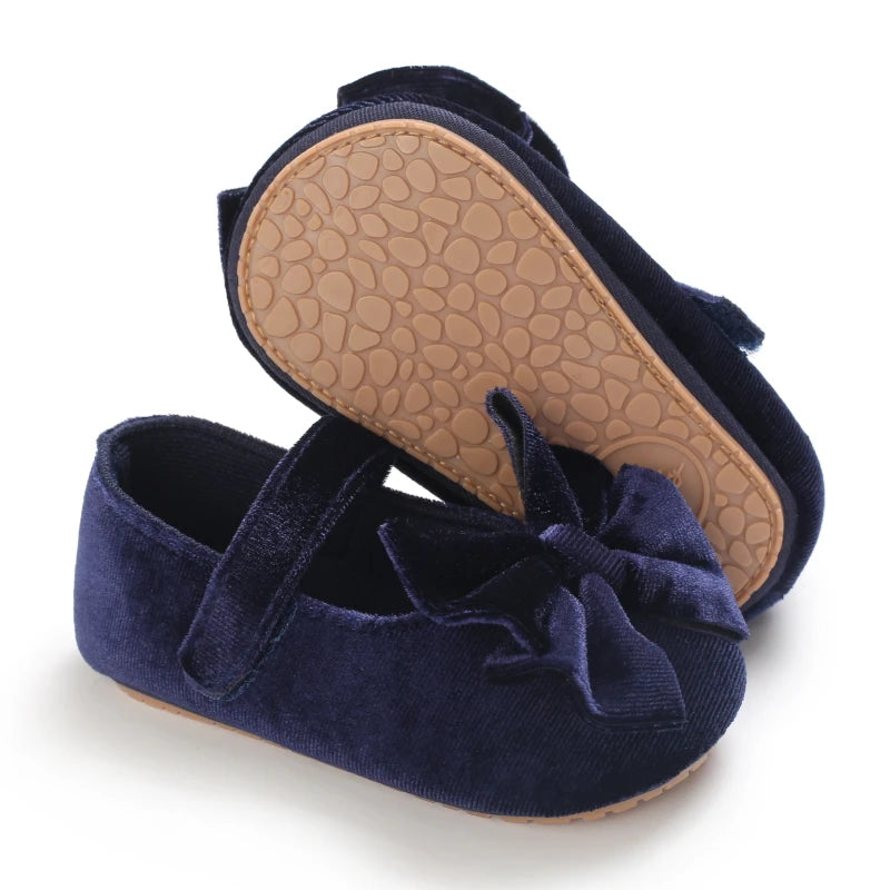 Spring and Autumn Newborn Flannelette Princess Shoes Baby Girls Bow Flat Shoes Toddler Baby Soft Rubber Sole First Walking Shoes