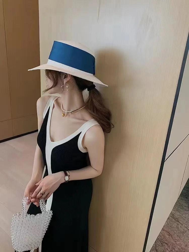 Fashion Women V-neck Maxi Dress Sexy Sling Sleeveless Dresses Knitted Long Dress Women Sweater Female