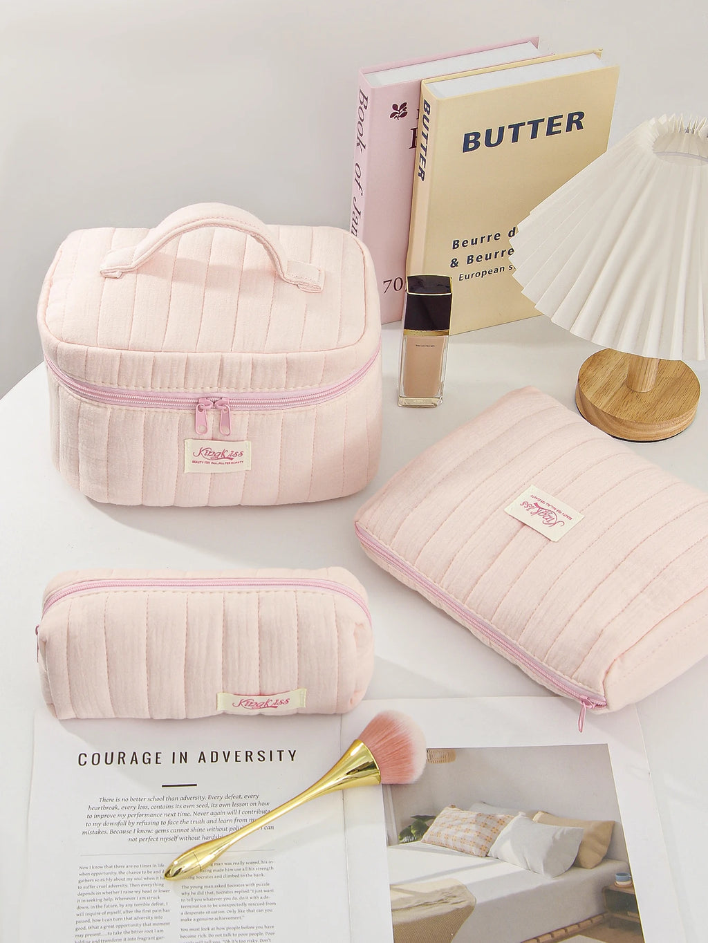 1pc/set pink quilted makeup bag, multifunctional makeup bag, handheld makeup bag, portable makeup bag set with zipper