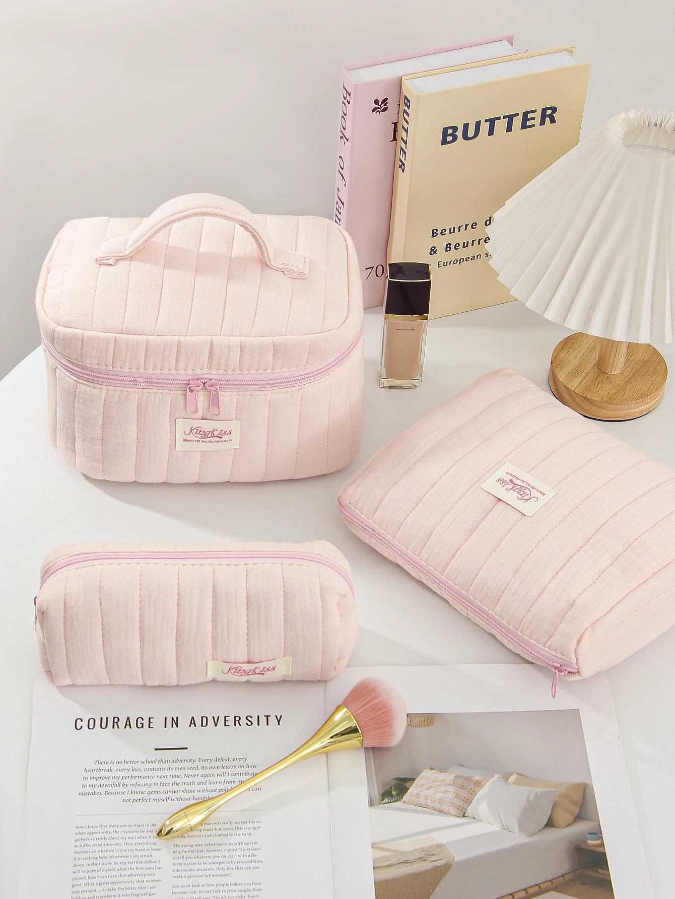 1pc/set pink quilted makeup bag, multifunctional makeup bag, handheld makeup bag, portable makeup bag set with zipper