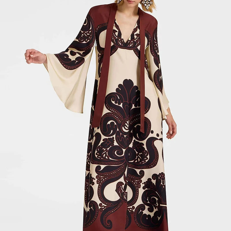 Muslim Ethnic Pattern Print Vintage Dress for Women Sexy V Neck Lace-up Long Dress Spring Fall 3/4 Sleeve Loose Party Maxi Dress