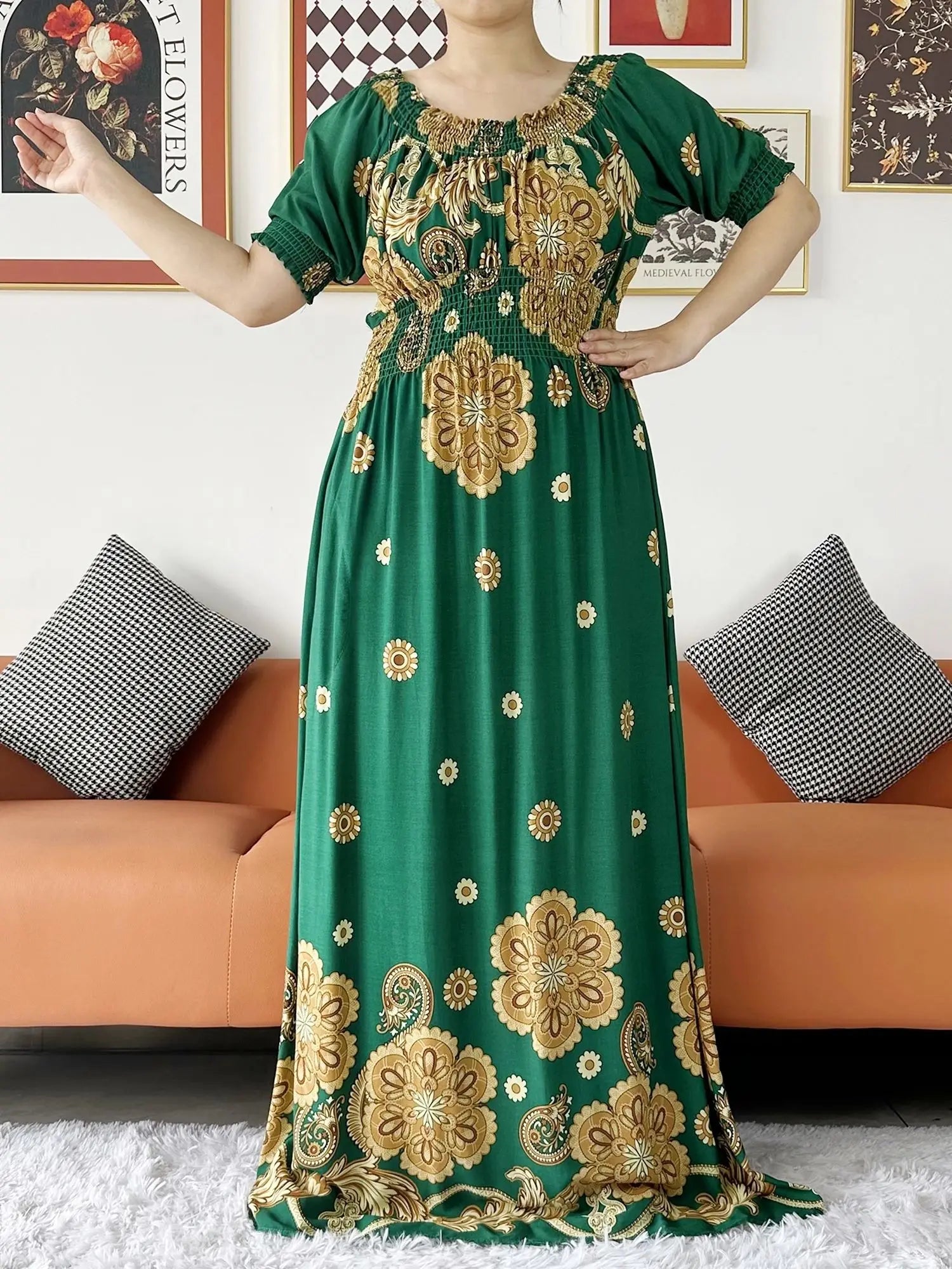 Women Party Dress Muslim Summer Short Sleeve Long Dress Collect Waist Floral Boubou Maxi Islam Women Dress African Abaya Clothes