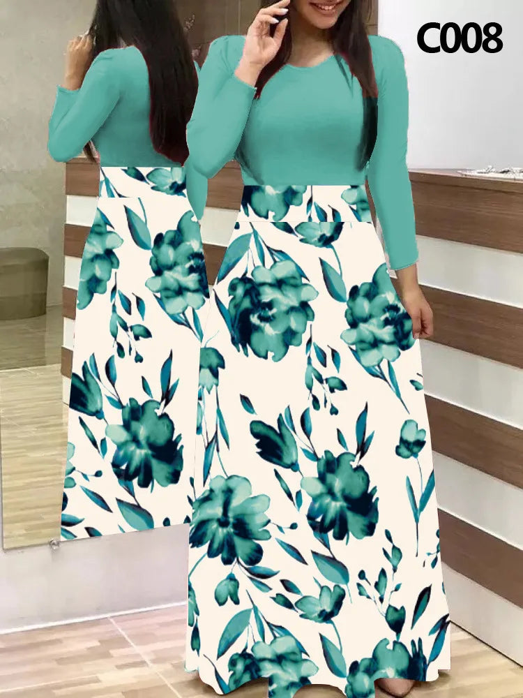Elegant Women's Long Dress Flower Retro Printed Patchwork Long Sleeve Banquet Maxi Robe S-5XL