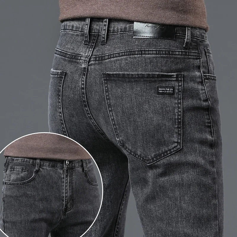 2025 Spring New Men's Straight Jeans Elastic Pant Classic Smoke Gray Casual Wear Mid Waist Casual Trousers Black Male Brand