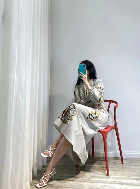 RARF 2024 New positioning heavy industry embroidery craft V-neck long dress Bohemian holiday style