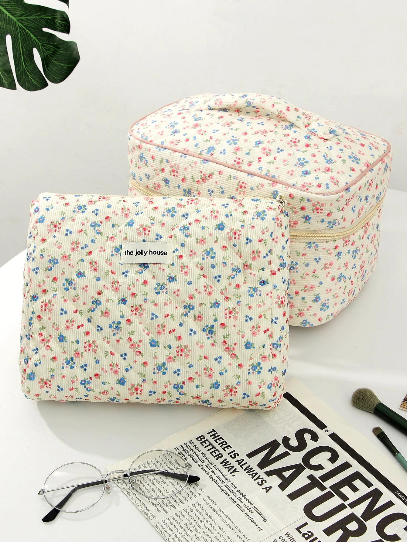 1pc/set Corduroy Quilted Makeup Bag, Floral Makeup Bag, Makeup Toiletries Storage Bag, Fashion Portable Makeup Bag