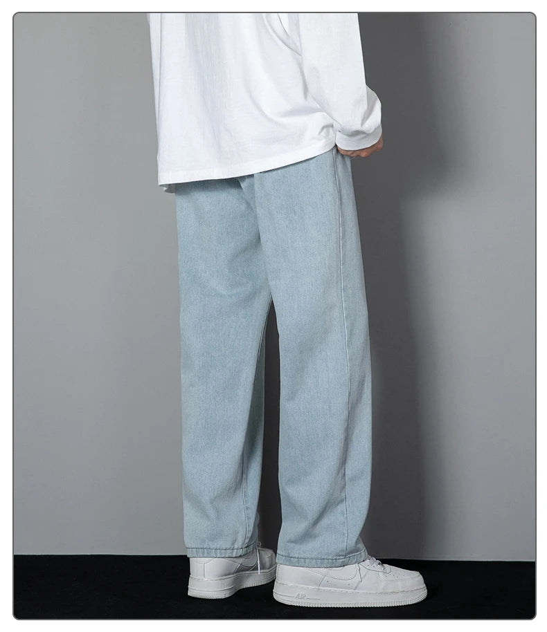 Jean long décontracté pour homme, style coréen, classique, droit, jambes larges, couleur unie, bleu clair, gris, noir, 2025
