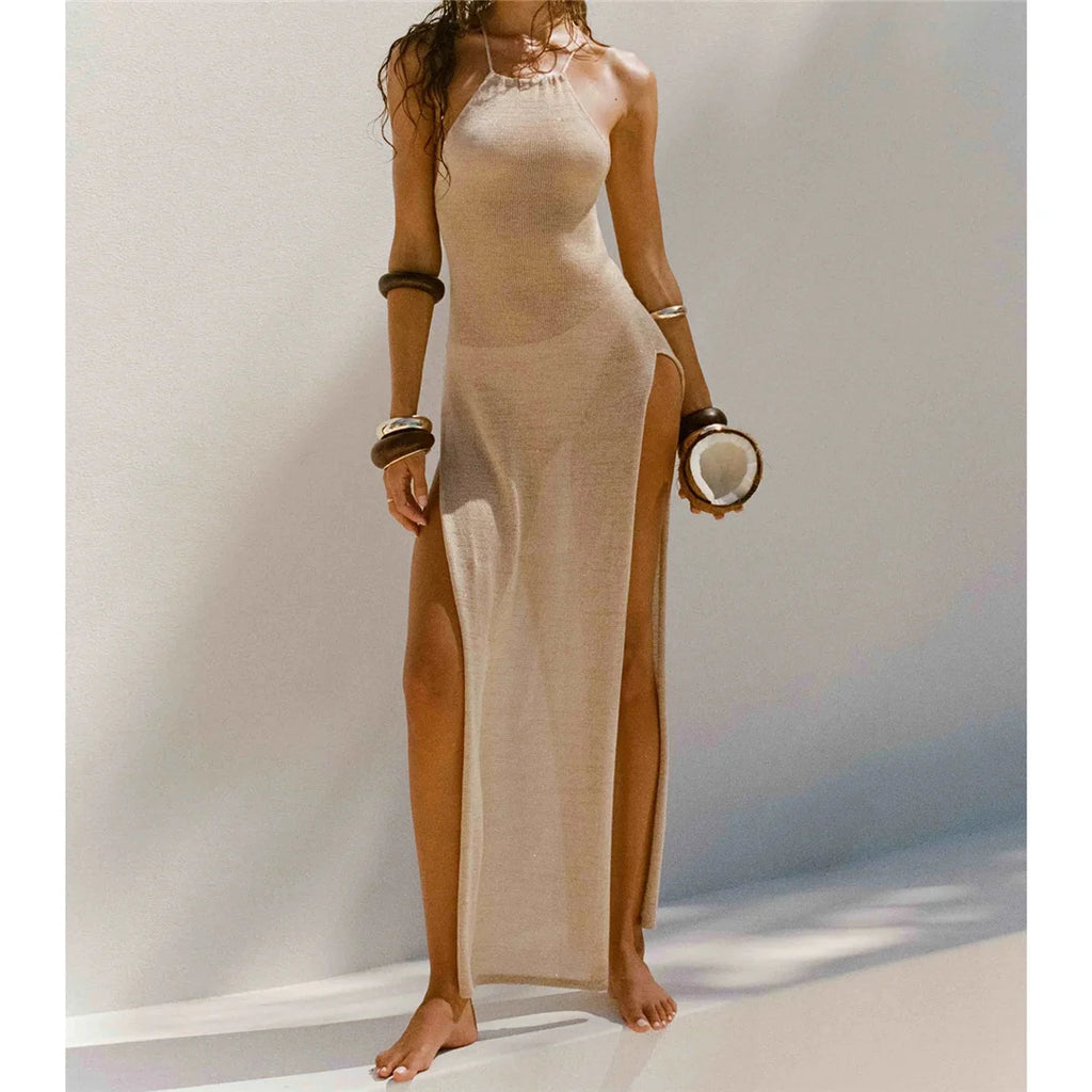 Crochet Knitted Tunic Beach Cover Up See-through Slit Halter Slip Long Dress for Women 2024 Summer Maxi Beachdress