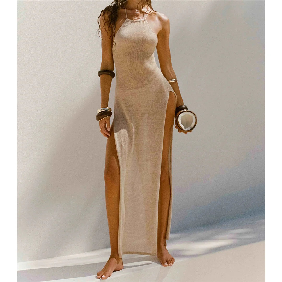 Crochet Knitted Tunic Beach Cover Up See-through Slit Halter Slip Long Dress for Women 2024 Summer Maxi Beachdress