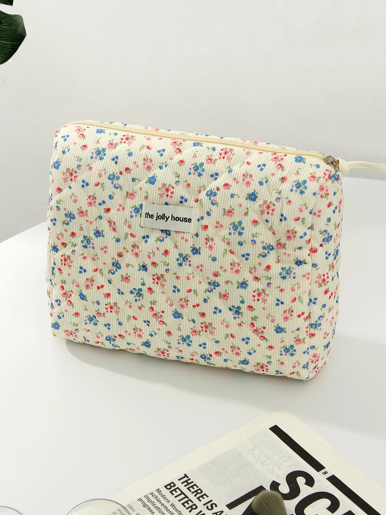 1pc/set Corduroy Quilted Makeup Bag, Floral Makeup Bag, Makeup Toiletries Storage Bag, Fashion Portable Makeup Bag