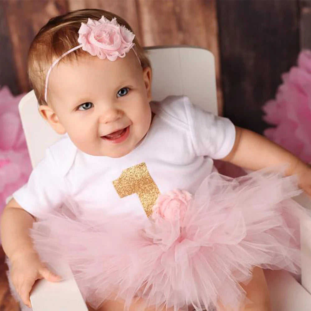 Baby Girl First 1st Birthday Party Dress Cute Christening Outfits One Year Baby Girl Bodysuit and Tutu Dress Newborn Set
