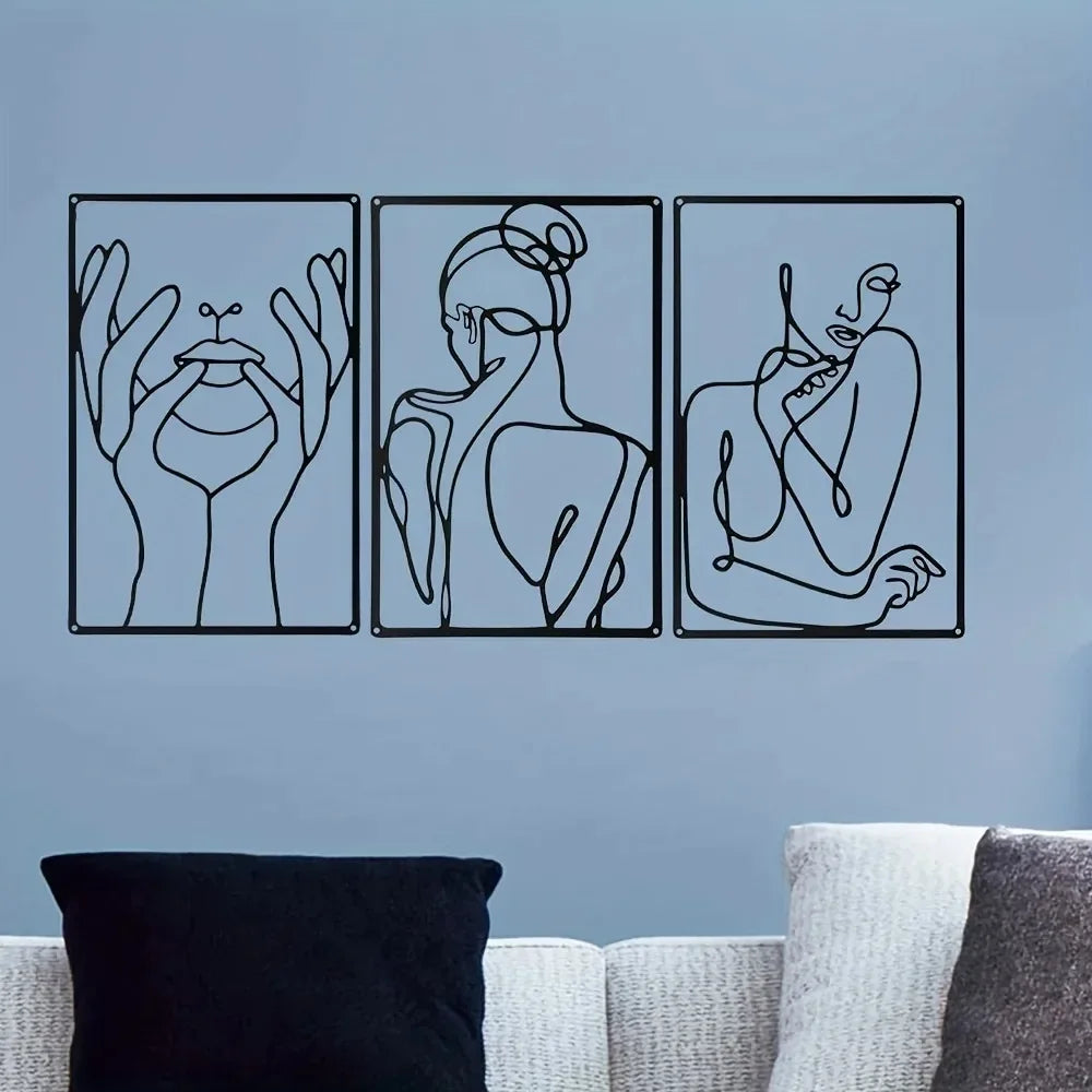 Décoration murale en métal 3 pièces, dessin au trait abstrait, décoration pour cuisine, salle de bain, salon et salon, décoration murale en métal à suspendre