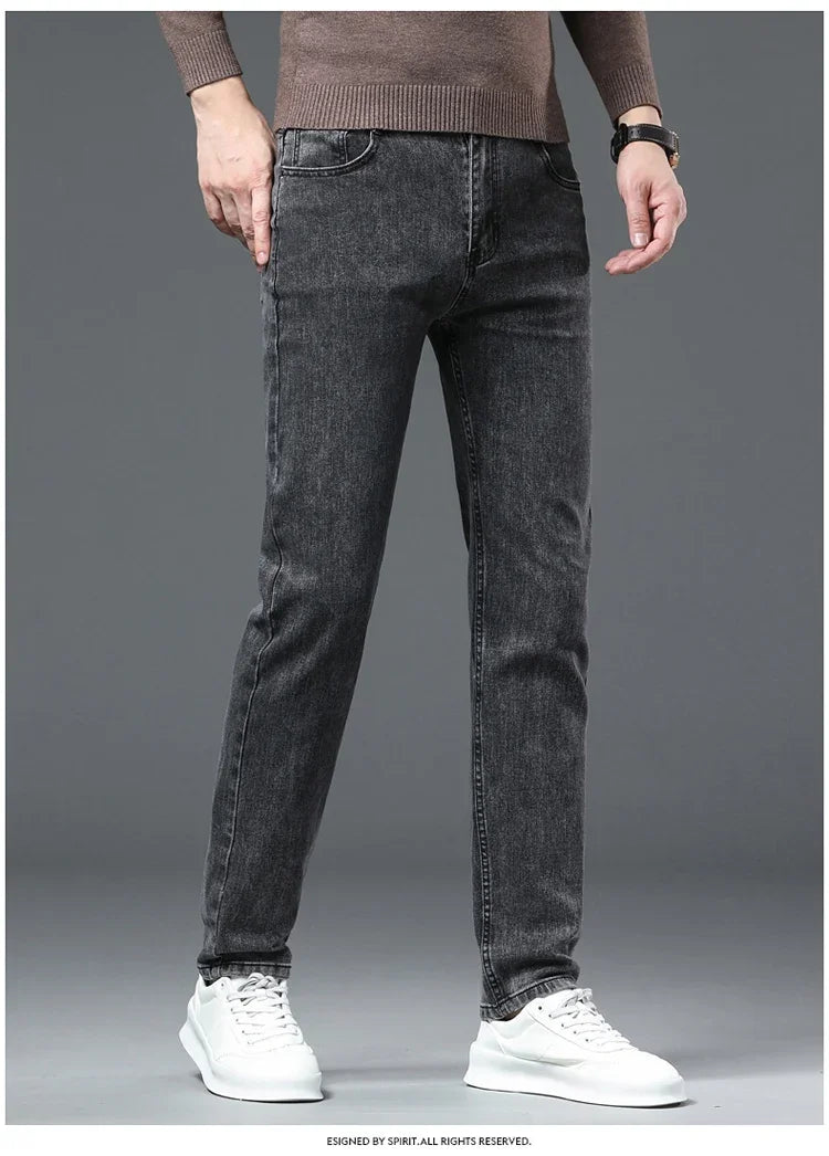 2025 Spring New Men's Straight Jeans Elastic Pant Classic Smoke Gray Casual Wear Mid Waist Casual Trousers Black Male Brand