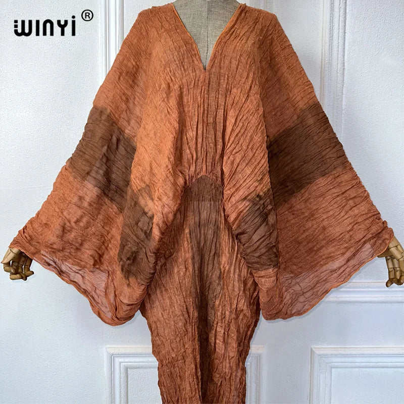 WINYI Summer Tie-dyed retro wrinkled long dress Loose robe Femme Vestidos holiday beach cover up maxi kaftan abaya dubai luxury