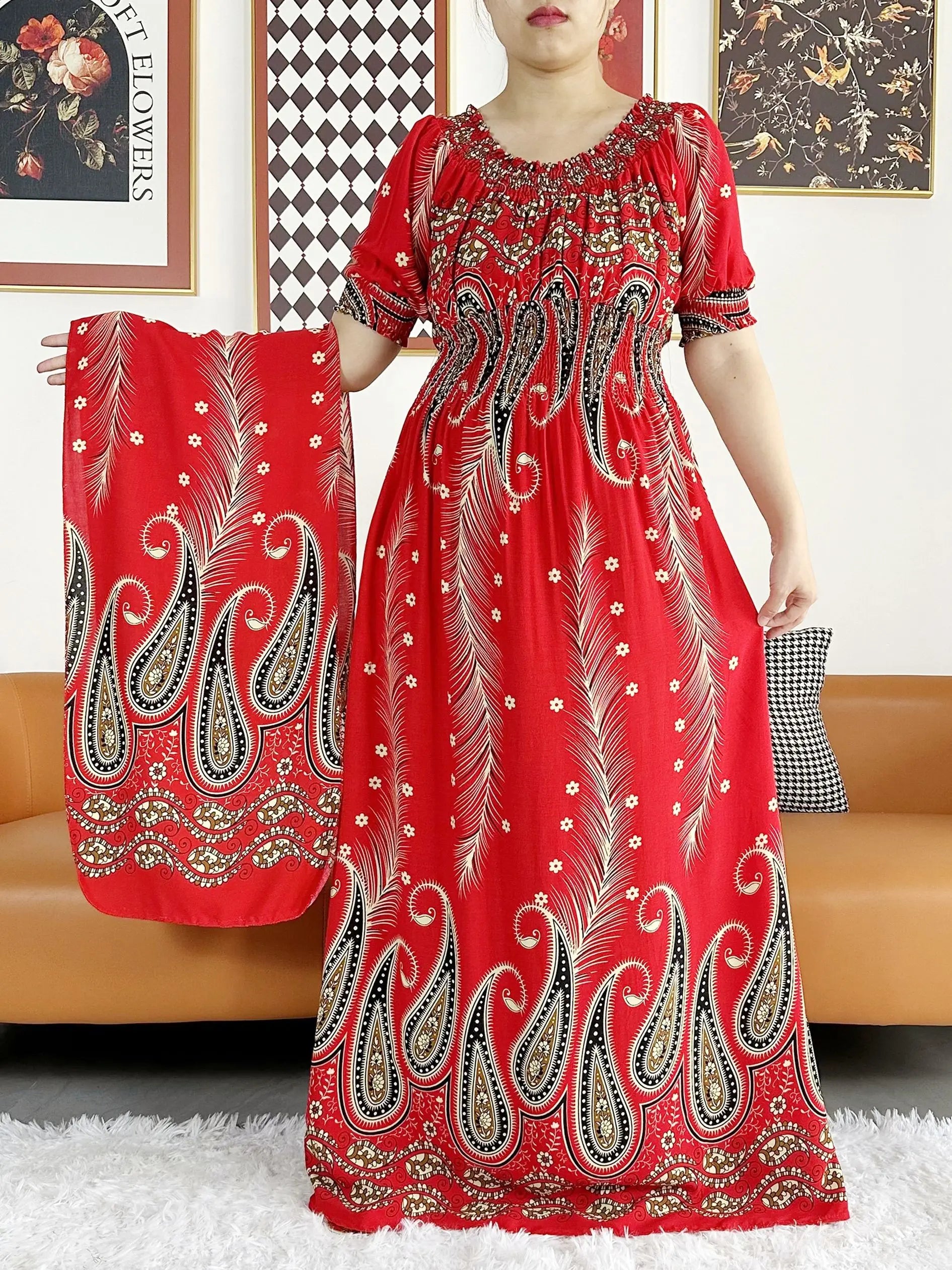 Women Party Dress Muslim Summer Short Sleeve Long Dress Collect Waist Floral Boubou Maxi Islam Women Dress African Abaya Clothes