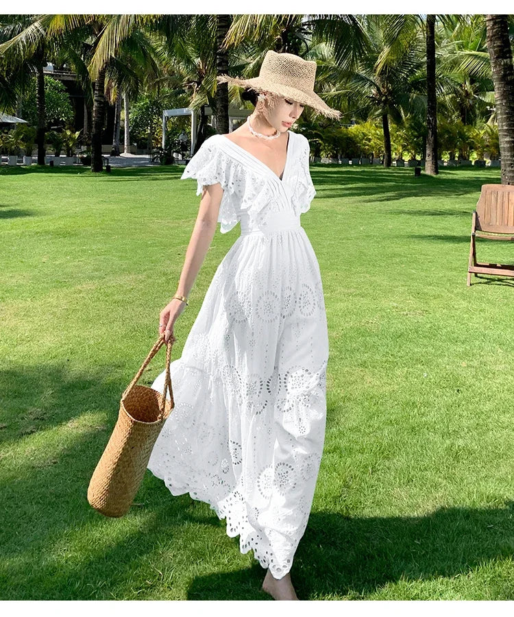 SMTHMA High Quality Hollow Out Embroidery Long Dress Women Sexy Deep V-Neck Ruffle Elegant Summer Dresses Female Clothing