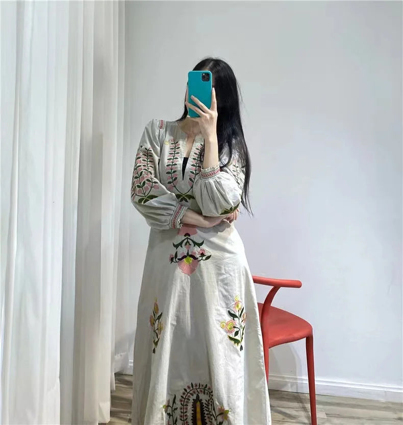 RARF 2024 New positioning heavy industry embroidery craft V-neck long dress Bohemian holiday style