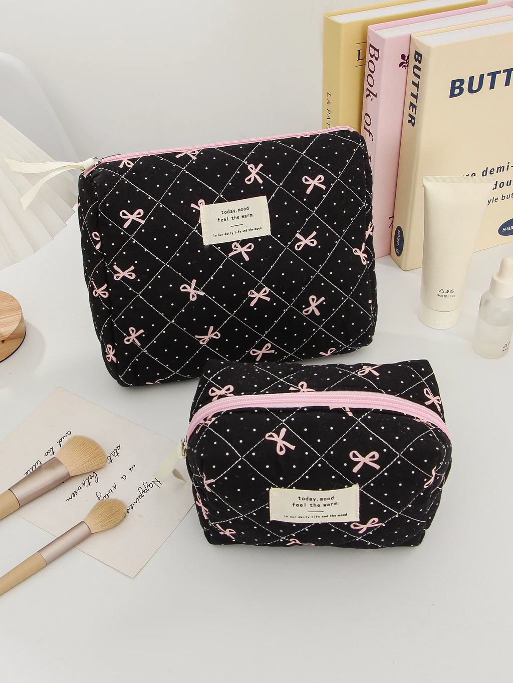 1pc/set Bow Quilted Makeup Bag, Multifunctional Portable Makeup Bag, Holiday Gift Makeup Bag, Travel Essential Makeup Bag