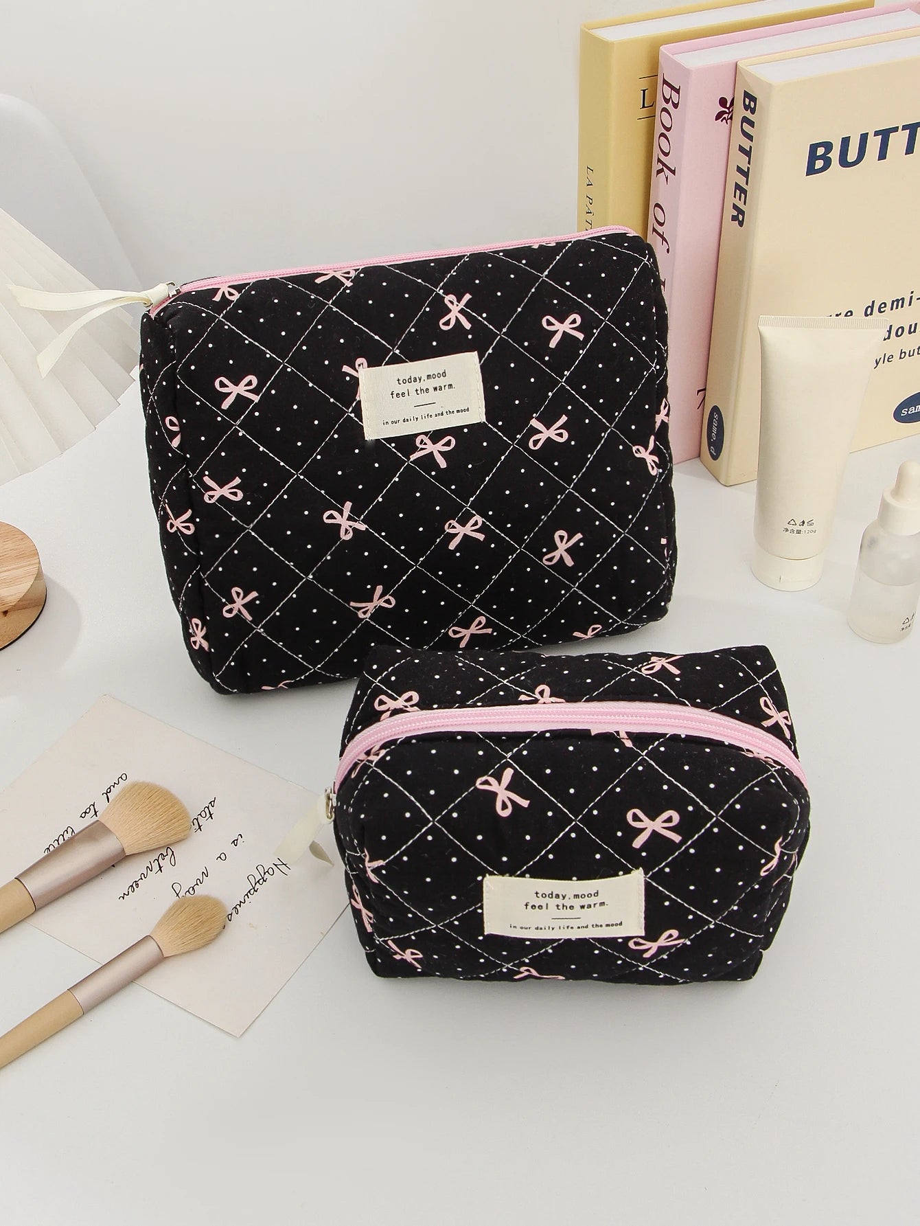 1pc/set Bow Quilted Makeup Bag, Multifunctional Portable Makeup Bag, Holiday Gift Makeup Bag, Travel Essential Makeup Bag