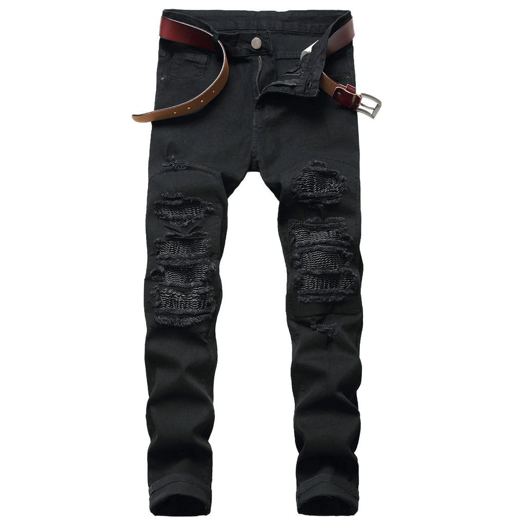 Jeans pour hommes High Street avec trous et pointes noires, jeans slim fit et pantalons pour hommes