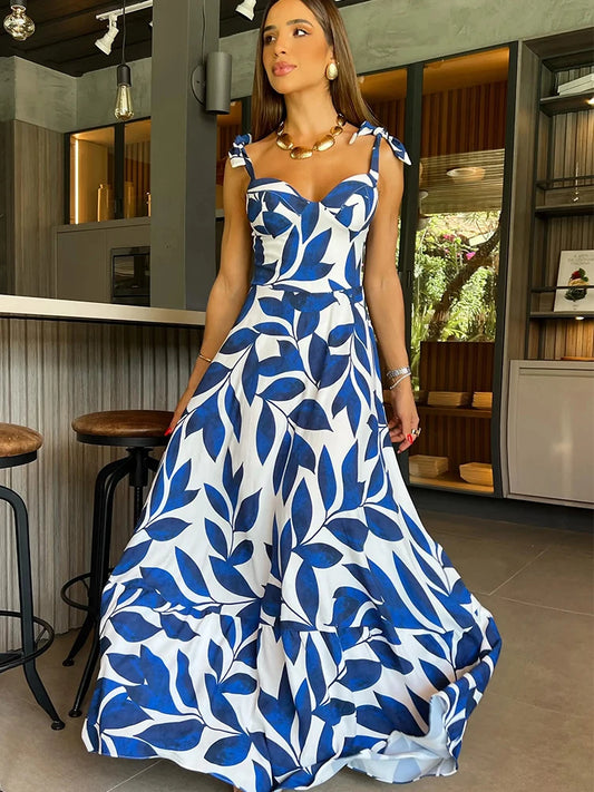 2024 Summer Print Long Dress Women Clothing Lace Up Sling Party Dresses Pattern Strappy Ladies Hollow Out V-Neck Beach Vestidos
