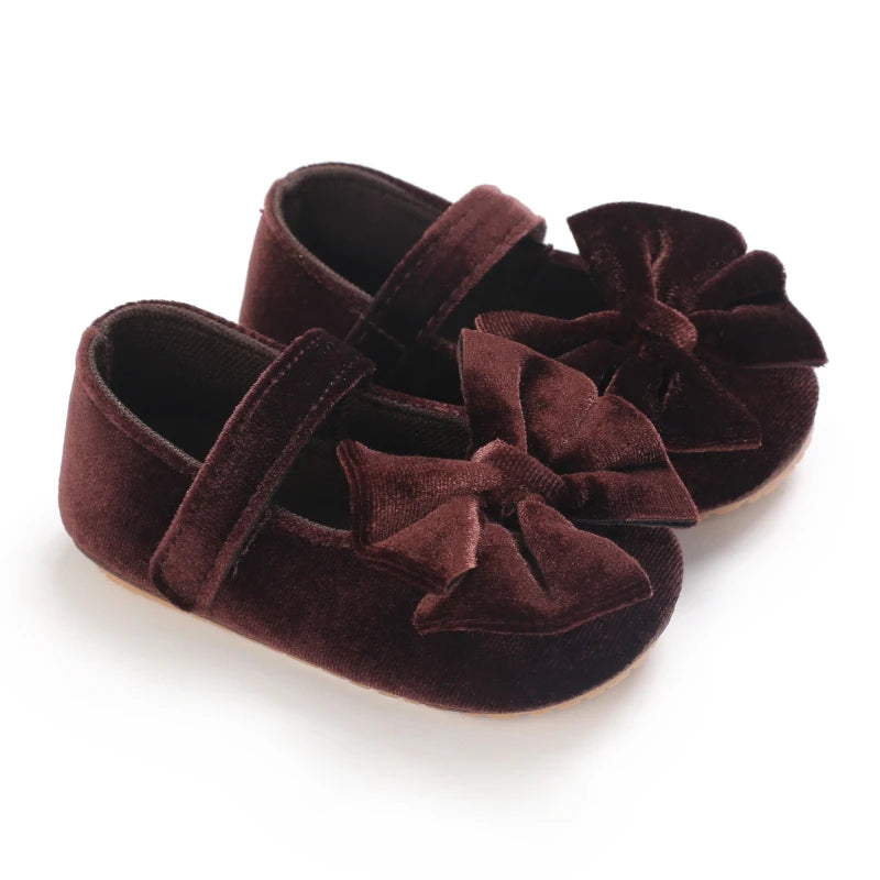 Spring and Autumn Newborn Flannelette Princess Shoes Baby Girls Bow Flat Shoes Toddler Baby Soft Rubber Sole First Walking Shoes